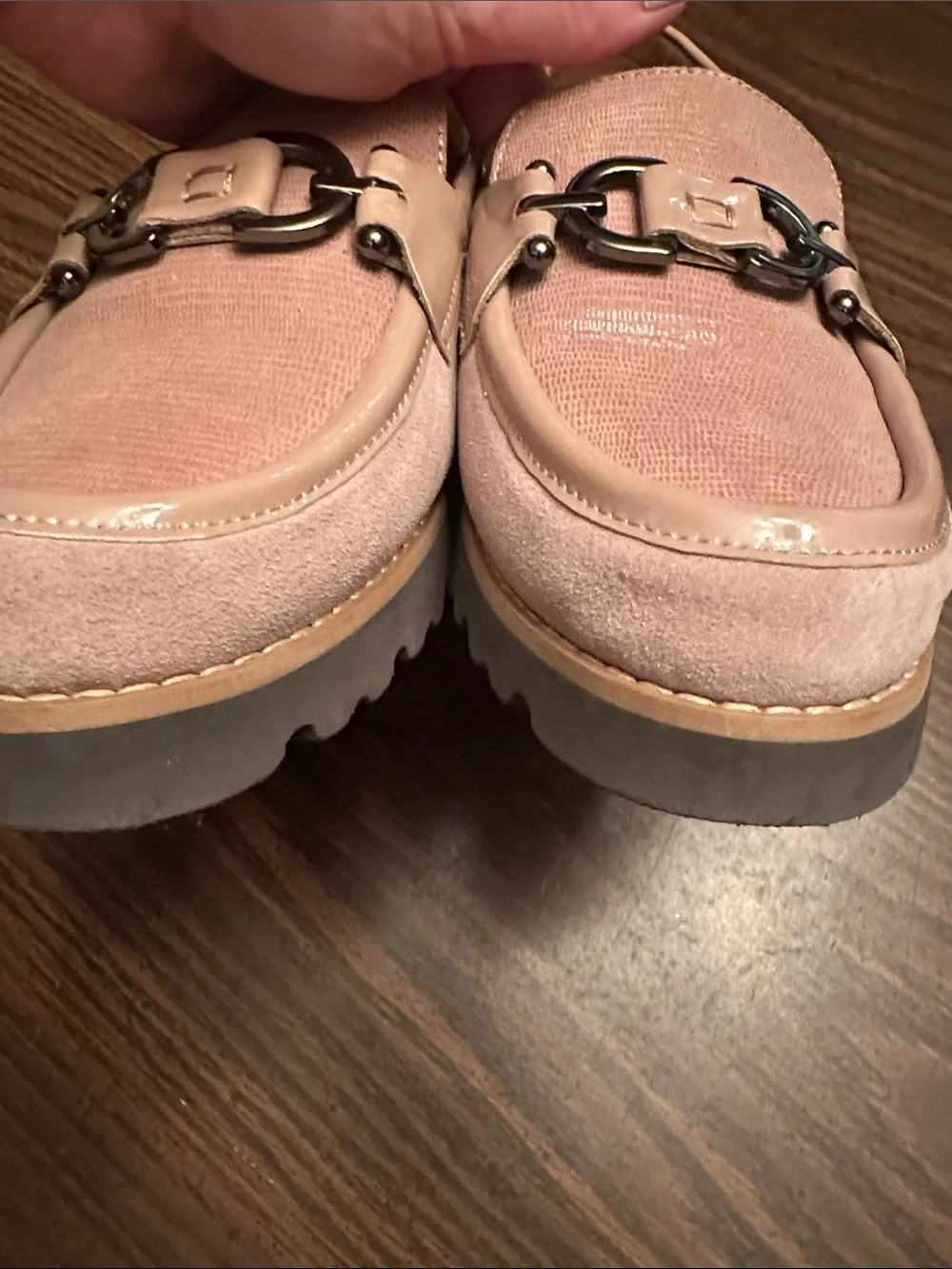Donald J. Pliner Pale Pink Lizard-Texture Loafers with Metal Bit